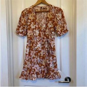 Roxy Rust Floral wrap ruffle cottage core coastal cowgirl Dress, size medium